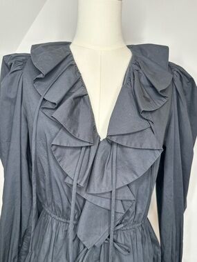 ULLA JOHNSON Ruffle Front Long Sleeve Cotton Mini Dress, Noir, women’s size 2